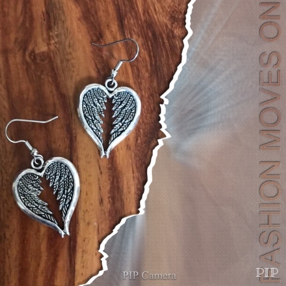 Pewter Angel Wing Heart Earrings - Picture 1 of 1